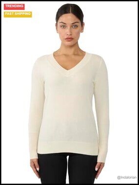 100% Cashmere V Neck Pullover Sweater Tight Knit Long Sleeve